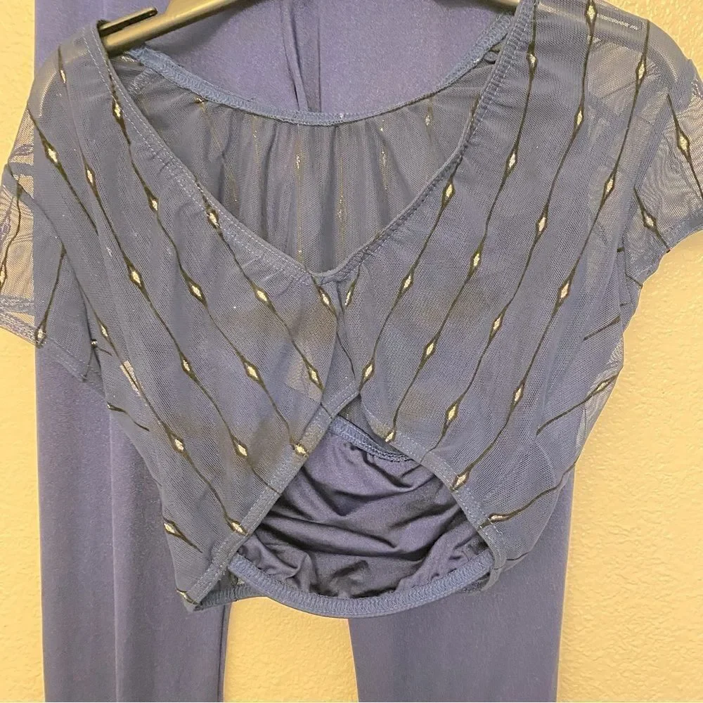 Kelle dance 2 piece blue mesh flocked crop top leggings pants light switch MA